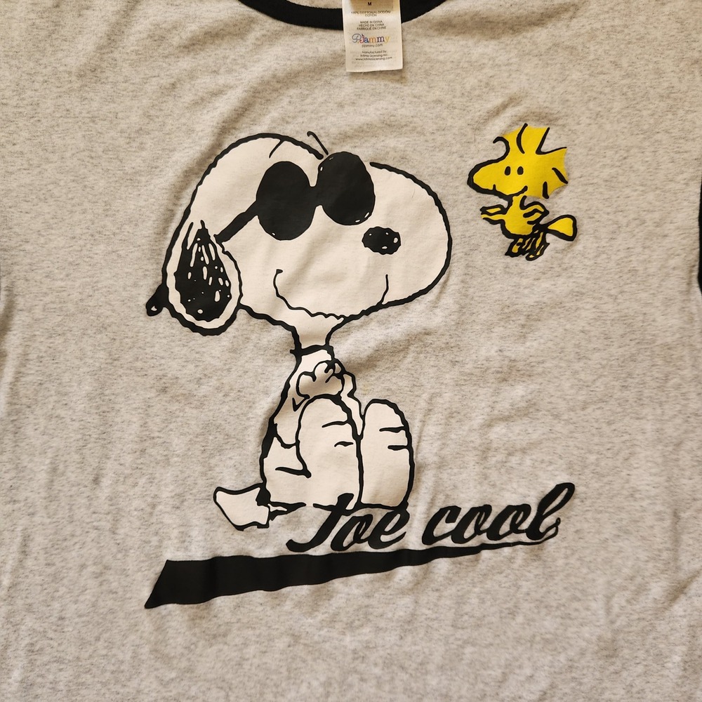 Peanuts Snoopy Joe Cool Graphic Ringer Sleep Shirt Grey Black Women‎ Medium PJs